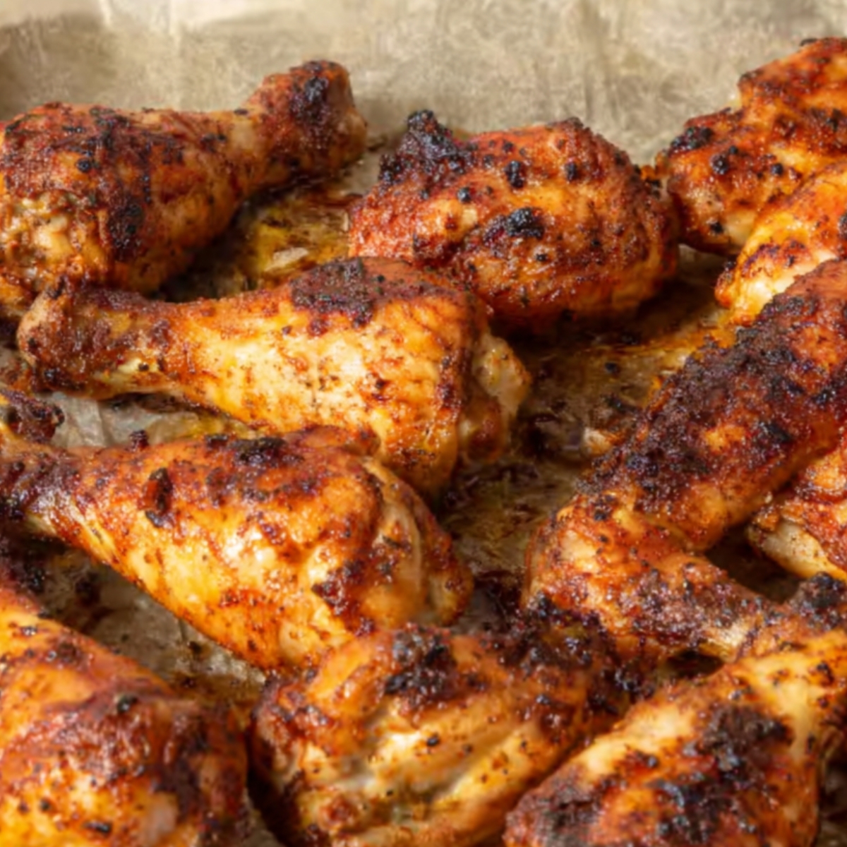 Close-up of crispy, golden-brown baked chicken drumsticks on parchment paper, seasoned with paprika and spices, slightly charred in spots, ready to serve.