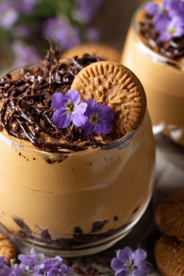 A glass of Biscoff Mousse Recipe topped with chocolate shavings, a Biscoff cookie, and small purple edible flowers, surrounded by additional cookies and flowers, highlighting the creamy texture and decorative presentation.
