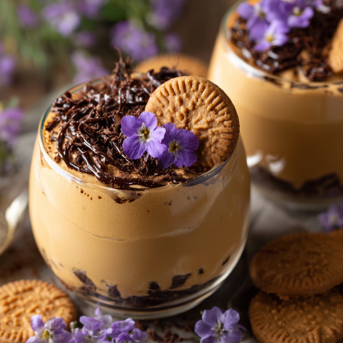 A glass of Biscoff Mousse Recipe topped with chocolate shavings, a Biscoff cookie, and small purple edible flowers, surrounded by additional cookies and flowers, highlighting the creamy texture and decorative presentation.