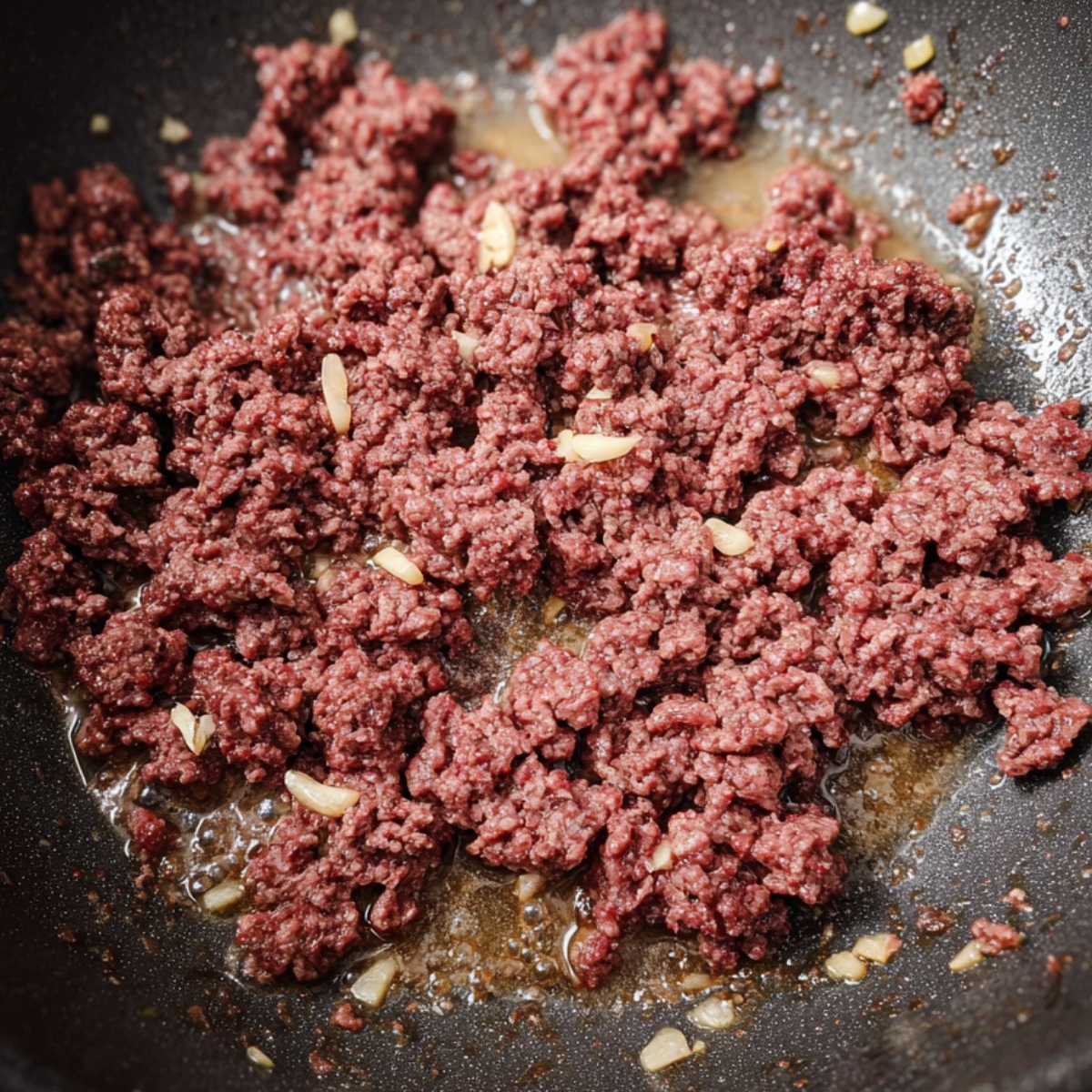 Ground beef cooking in a skillet with bits of minced garlic, browning in its own juices. The beef is partially cooked with a rich, savory appearance.
