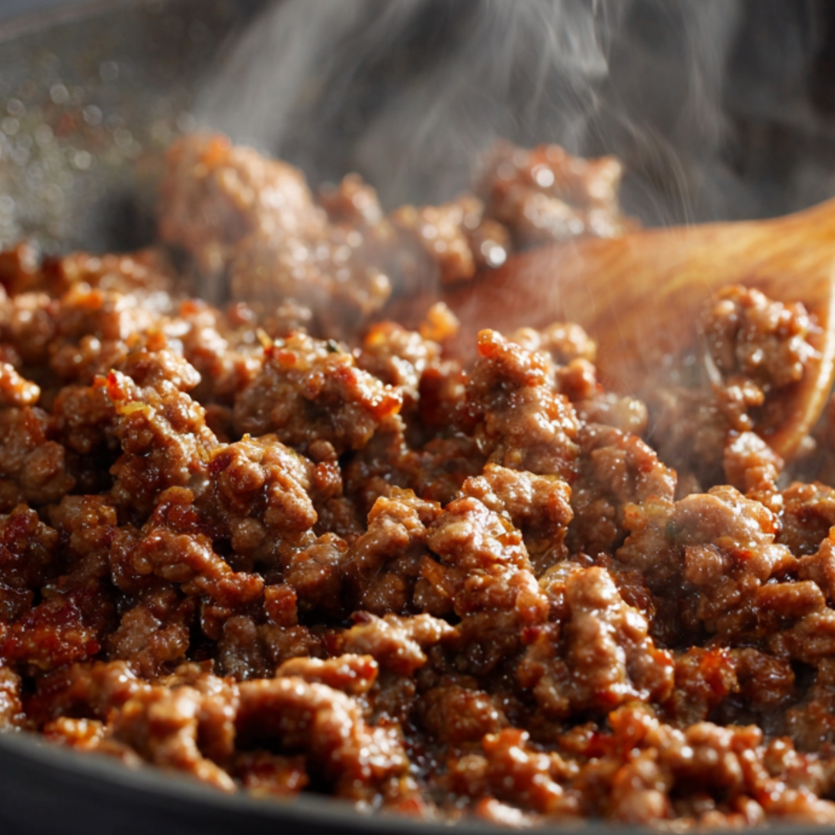 Close-up of ground beef cooking in a skillet, browning and sizzling, with steam rising, showing juicy and seasoned meat.