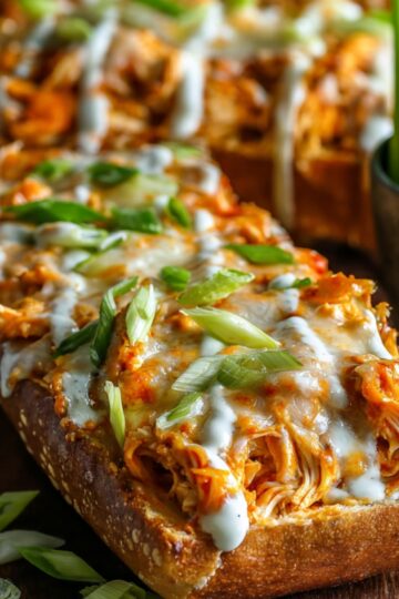 French bread pizza topped with Buffalo Chicken French Bread Pizza, melted cheese, drizzled with ranch dressing, and garnished with sliced green onions, served on a dark wooden board with celery sticks in the background.