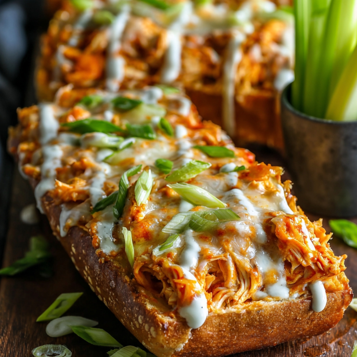 French bread pizza topped with Buffalo Chicken French Bread Pizza, melted cheese, drizzled with ranch dressing, and garnished with sliced green onions, served on a dark wooden board with celery sticks in the background.