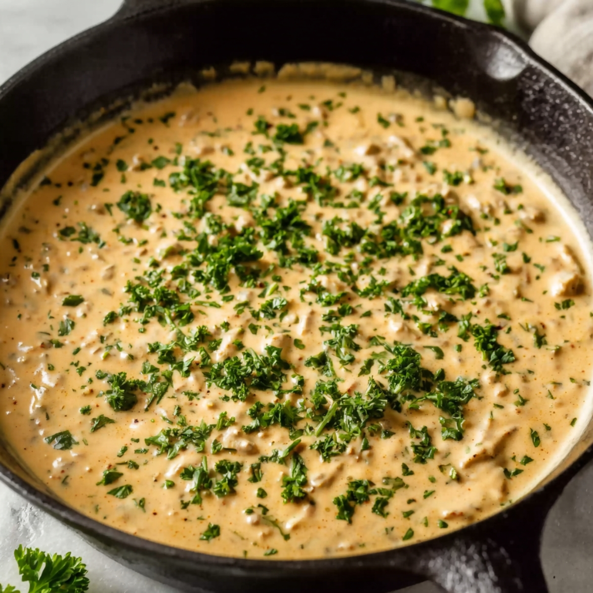 Close-up of creamy Boursin sauce with chopped herbs in a black skillet, rich and textured, ready to serve, natural lighting, high-resolution.