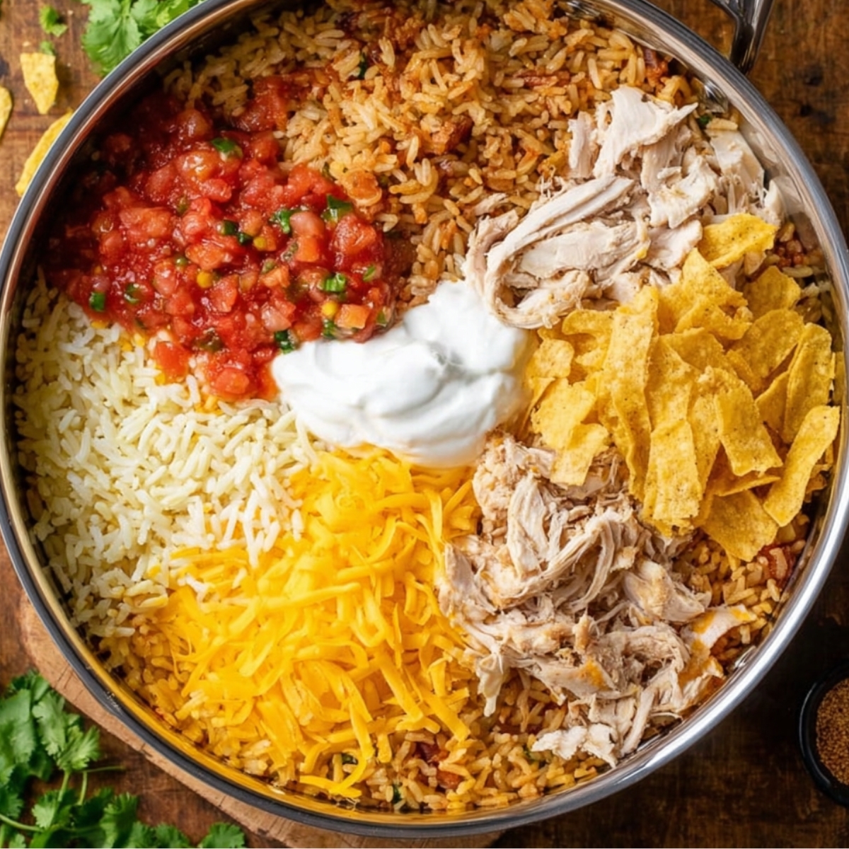 A top-down view of a large skillet filled with a layered Tex-Mex style dish. Sections include shredded chicken, yellow shredded cheddar cheese, white rice, seasoned Mexican-style rice, crispy tortilla strips, dollops of sour cream, and fresh tomato salsa. The ingredients are neatly arranged in colorful sections, creating a visually appealing presentation.