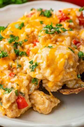 A close-up of a creamy Chicken Fajita Casserole served on a white plate. The dish contains chunks of chicken, cooked rice, diced red and green bell peppers, and is topped with melted cheddar cheese and sprinkled with chopped fresh parsley. The casserole looks rich, cheesy, and comforting.