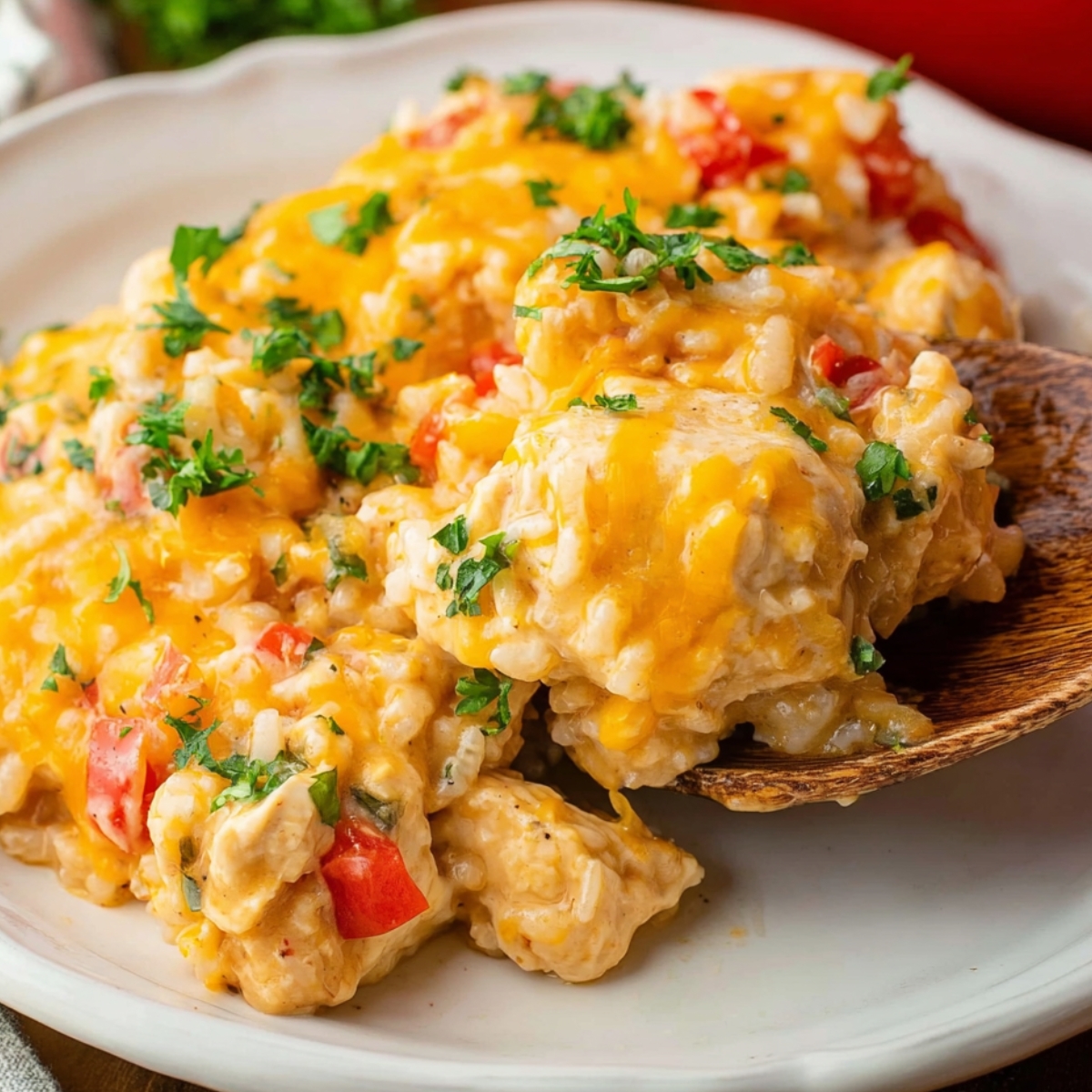 A close-up of a creamy Chicken Fajita Casserole served on a white plate. The dish contains chunks of chicken, cooked rice, diced red and green bell peppers, and is topped with melted cheddar cheese and sprinkled with chopped fresh parsley. The casserole looks rich, cheesy, and comforting.