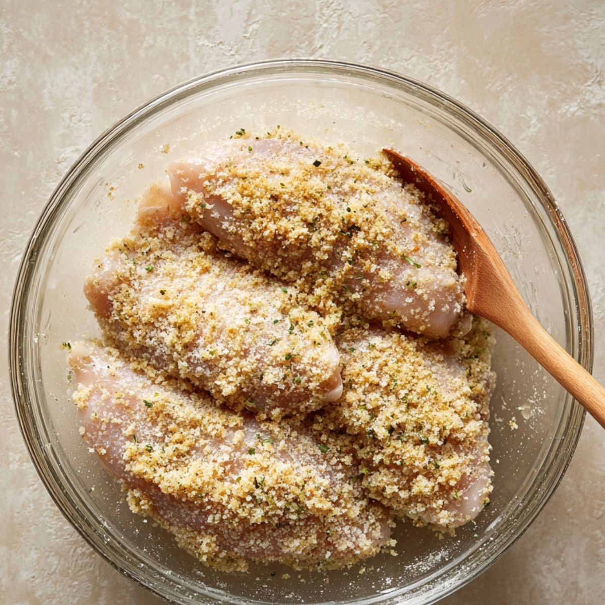 Close-up of raw chicken breasts coated with a parmesan and breadcrumb mixture in a glass bowl, with a wooden spoon for stirring, ready to be baked