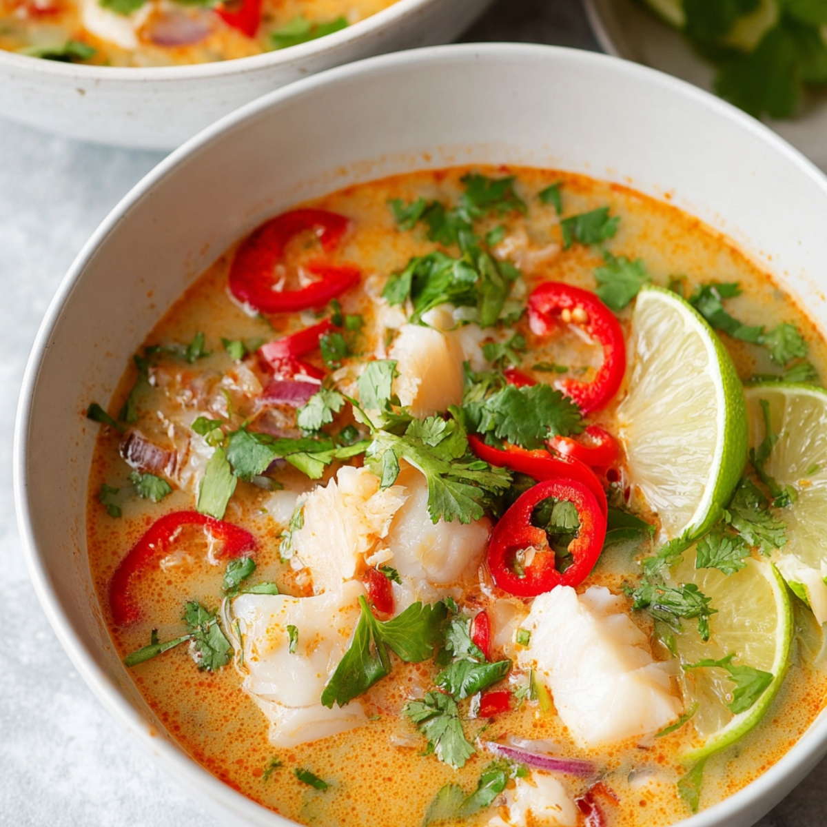 A close-up of a bowl of creamy coconut lime fish soup, featuring white fish pieces, red chili slices, fresh cilantro, and lime wedges. The soup has an orange tint and looks rich, fragrant, and ready to serve.