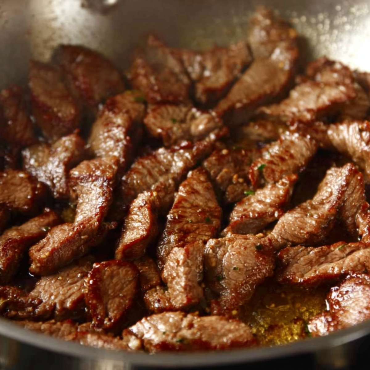 Thinly sliced beef cooking in a pan, browned and glistening with natural juices, showing the rich texture and sear of the meat.