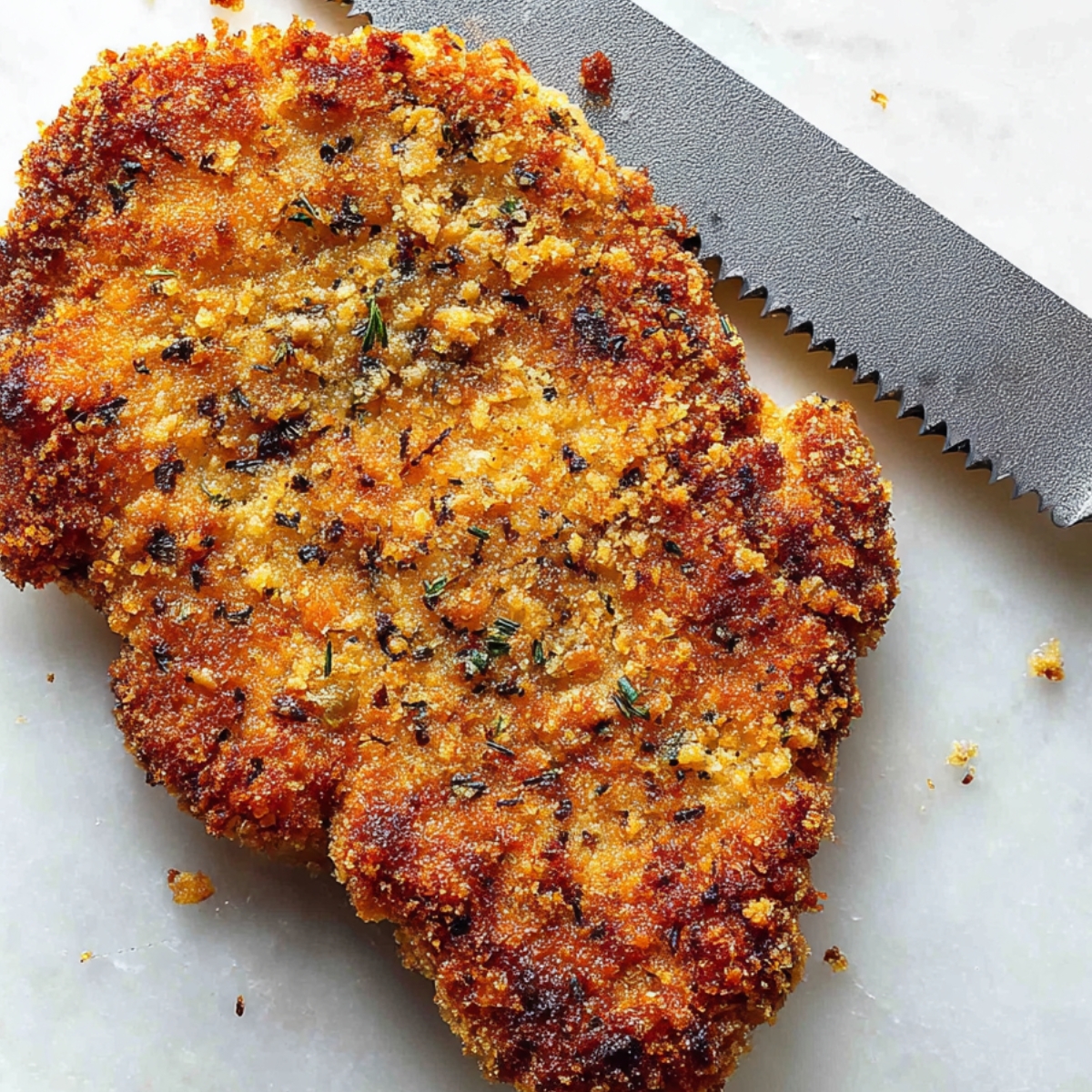 Golden-brown breaded chicken cutlet with a crispy crust, seasoned with herbs, on a cutting board next to a serrated knife.”