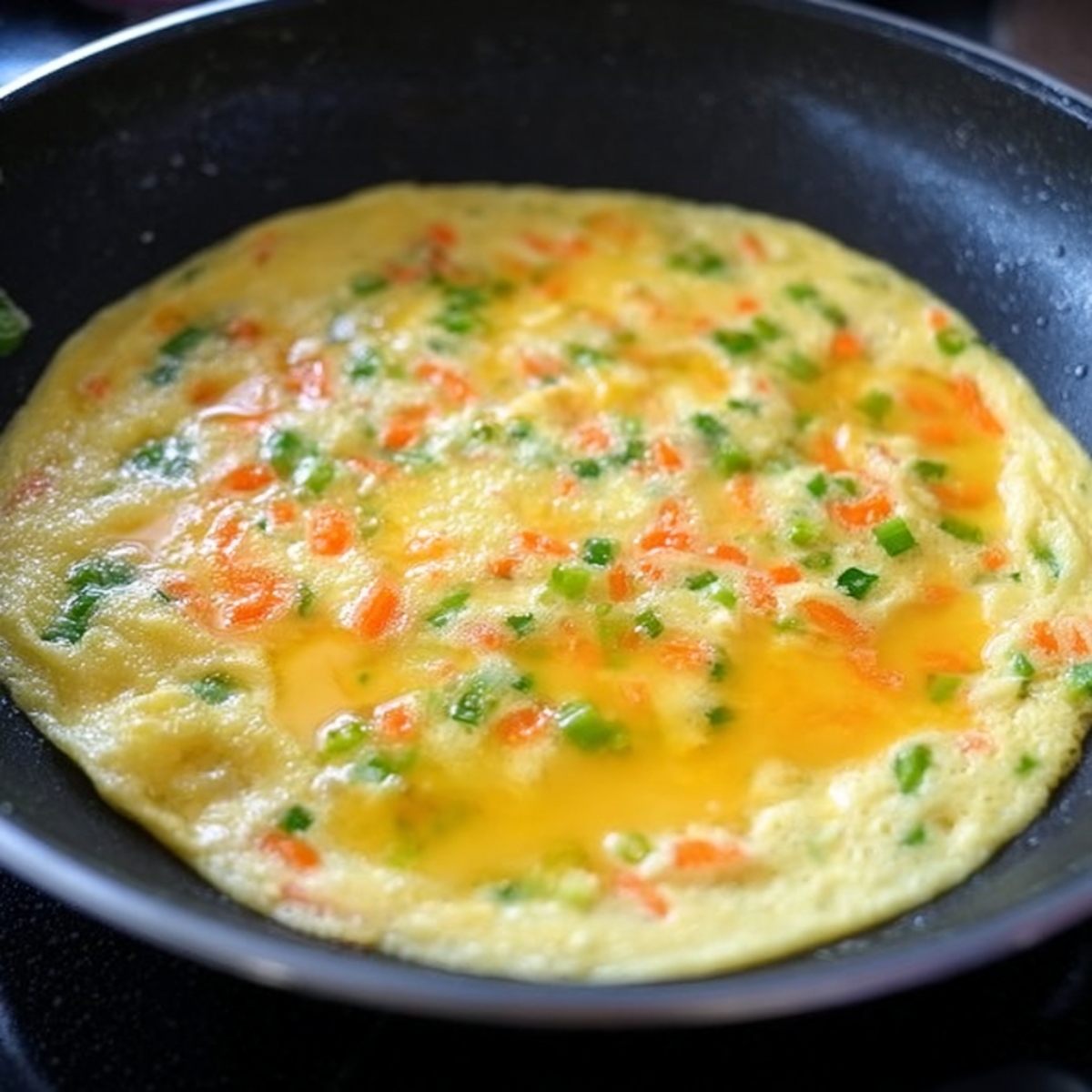 A non-stick pan with a thin layer of beaten egg cooking, forming the base layer for a Japanese rolled omelet, slightly glossy and beginning to set around the edges.