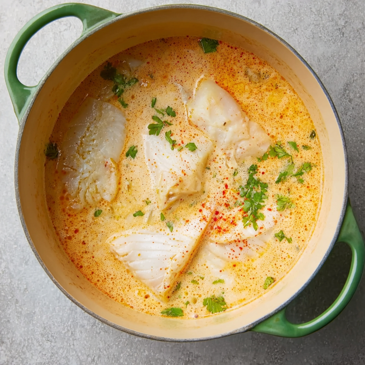 A green-handled pot filled with a creamy coconut-based soup, containing several white fish fillets, garnished with chopped fresh cilantro and a light sprinkle of red chili flakes. The soup has a slightly orange tint from the spices.