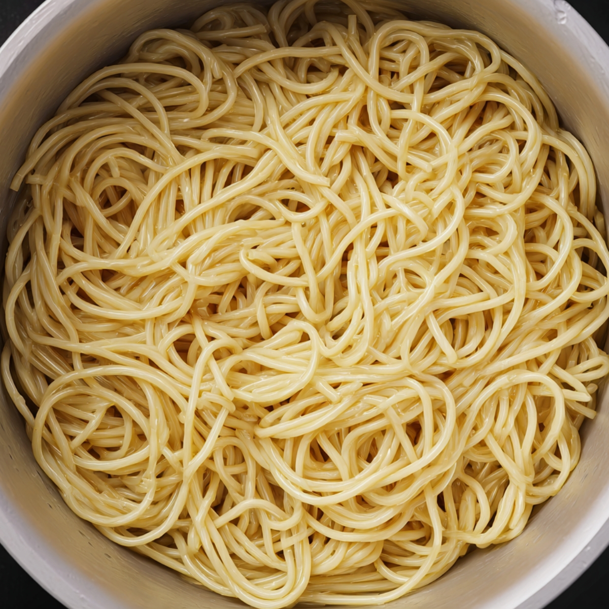A top-down view of cooked spaghetti noodles in a pot. The noodles are perfectly boiled, separated, and lightly glossy, ready to be combined with sauce or other ingredients.