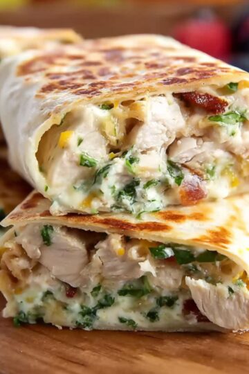 Close-up of Crispy Chicken Bacon Ranch Wraps cut in half, showing creamy filling with chicken, bacon, cheese, and fresh greens, stacked on a wooden board, appetizing and detailed.