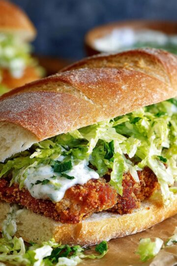 Crispy Chicken Caesar Sandwich on a crusty roll topped with shredded lettuce and creamy sauce, served on parchment paper with another sandwich blurred in the background.