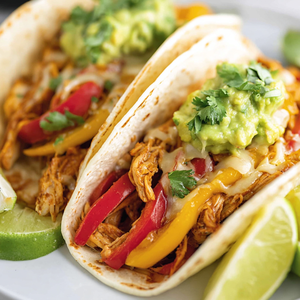 Close-up of Crockpot Chicken Fajitas filled with cooked shredded chicken, sautéed red and yellow bell peppers, onions, melted cheese, and a dollop of guacamole, garnished with chopped cilantro and lime wedges on the side, served on a white plate.