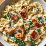 A plate of creamy dairy-free chicken Alfredo with bowtie pasta, chunks of seared chicken, and fresh spinach. The sauce lightly coats the pasta and chicken, with visible specks of black pepper and herbs, giving a rich and appetizing appearance.