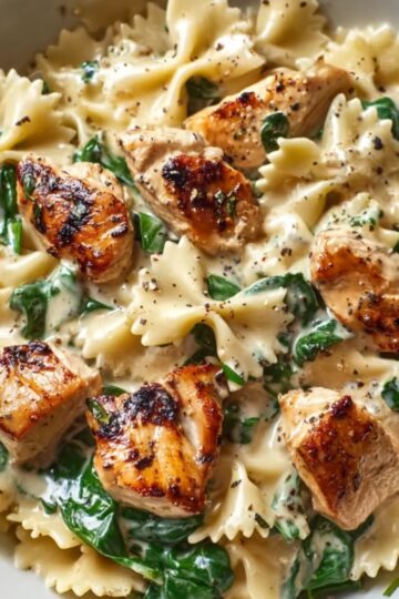 A plate of creamy dairy-free chicken Alfredo with bowtie pasta, chunks of seared chicken, and fresh spinach. The sauce lightly coats the pasta and chicken, with visible specks of black pepper and herbs, giving a rich and appetizing appearance.