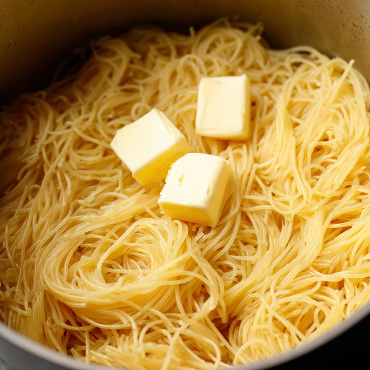 Close-up of cooked thin spaghetti noodles in a pot with two pats of butter on top, ready to be melted and mixed into the pasta.