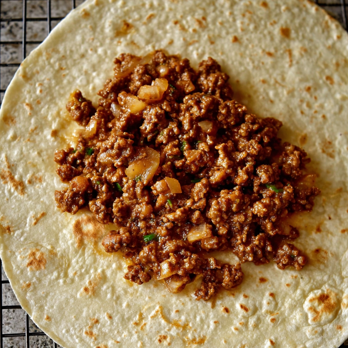 A close-up view of a tortilla laid flat with seasoned ground beef, onions, and refried beans filling spread in the center, ready to be rolled into a chimichanga.