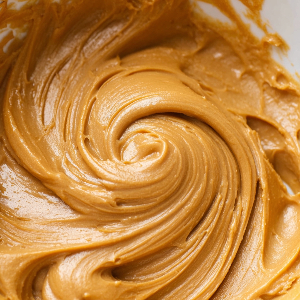Close-up of smooth, creamy Biscoff peanut butter mixture in a bowl, showing a rich caramel-colored texture swirled in a circular pattern.