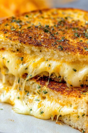 A close-up of a grilled Garlic Bread Grilled Cheese cooking, showing the bread toasted to a golden-brown with visible herbs. Melted cheese is slightly oozing from the edges, highlighting the gooey texture and crispy bread.