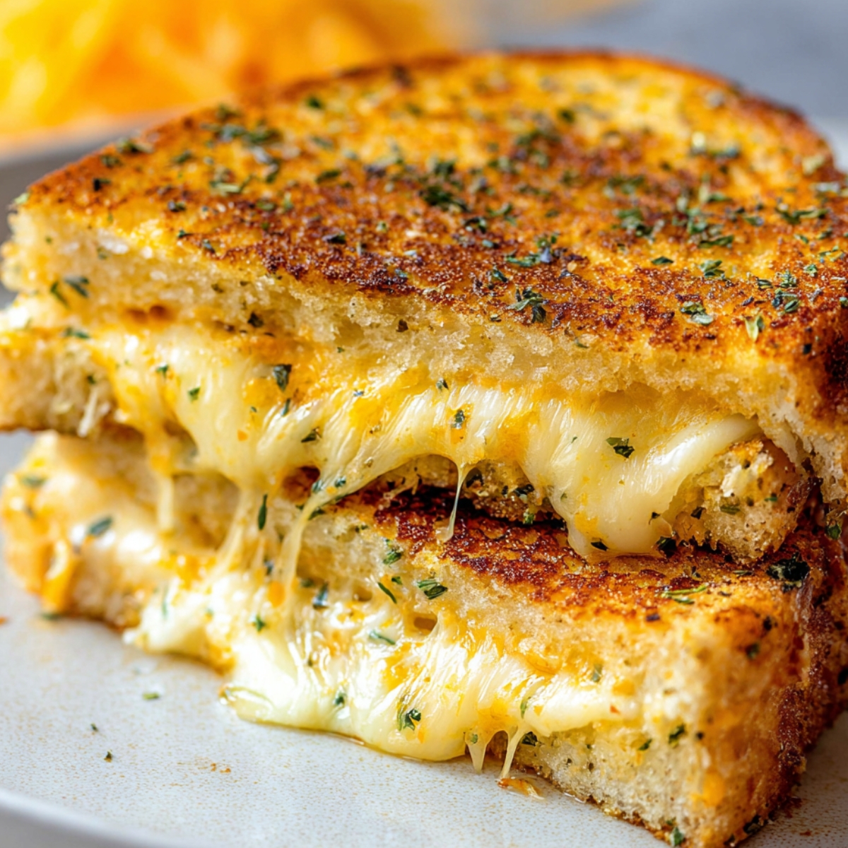 A close-up of a grilled Garlic Bread Grilled Cheese cooking, showing the bread toasted to a golden-brown with visible herbs. Melted cheese is slightly oozing from the edges, highlighting the gooey texture and crispy bread.