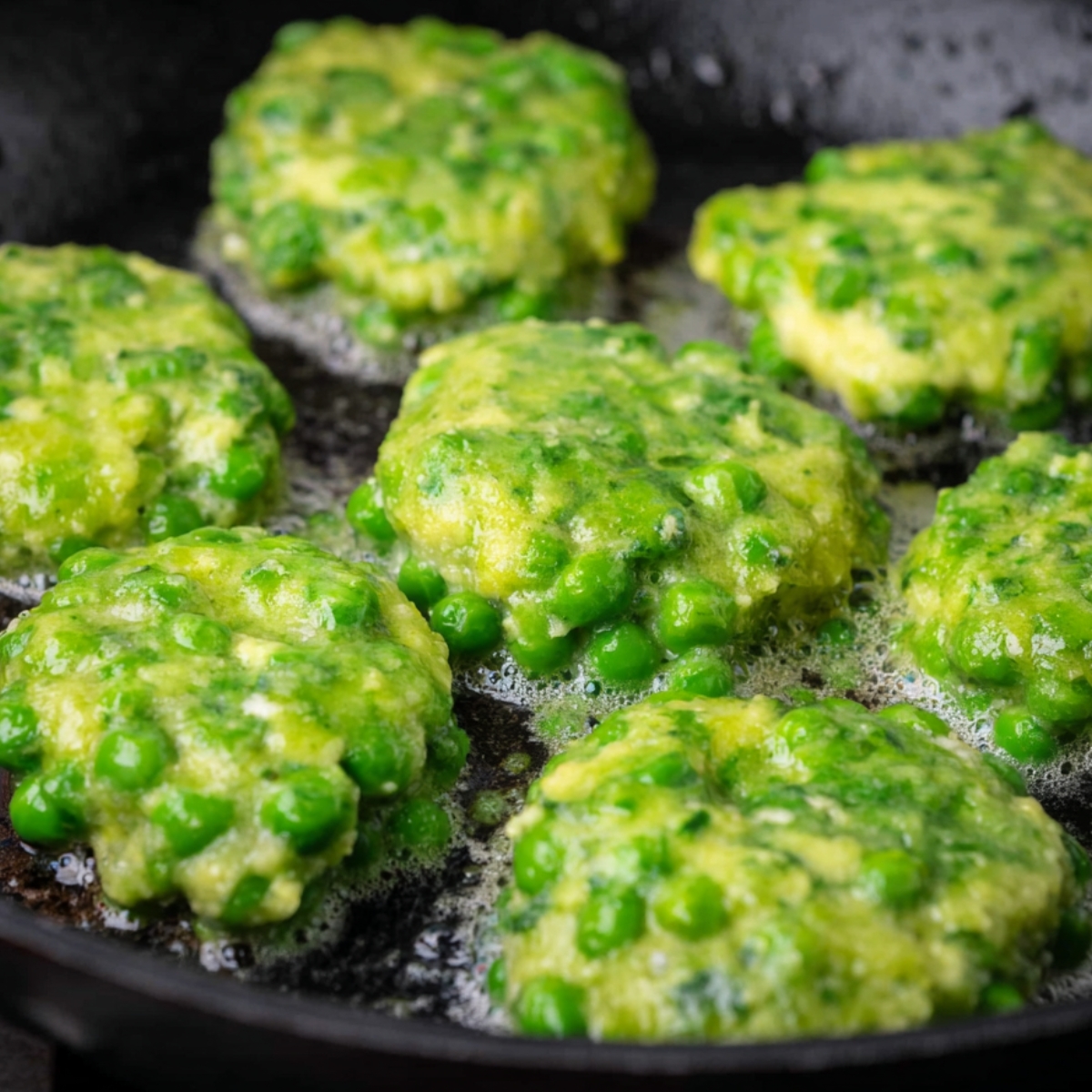 Several green pea fritters cooking in a black frying pan. The fritters are thick, bright green with peas mixed into a creamy batter, and slightly bubbling in oil.