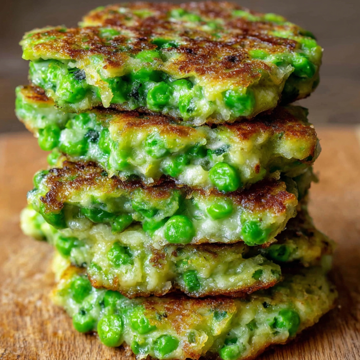 A stack of golden-brown green pea fritters on a wooden cutting board. The fritters are thick, crispy on the outside, and filled with vibrant green peas in a creamy batter.
