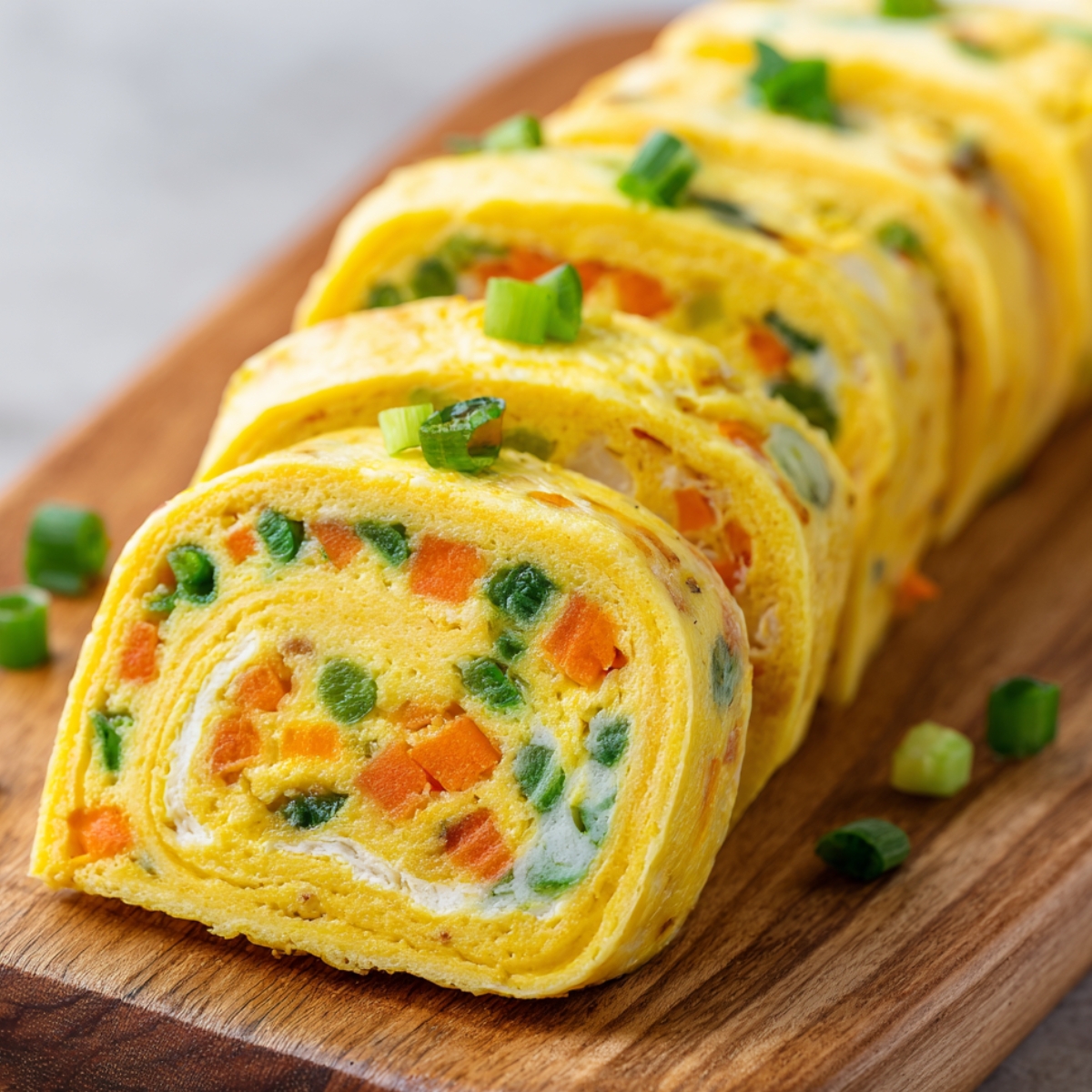 Sliced Japanese rolled omelet (Gyeran Mari) on a wooden board, showing bright yellow layers filled with colorful diced vegetables like carrots and green onions, garnished with extra green onion pieces.