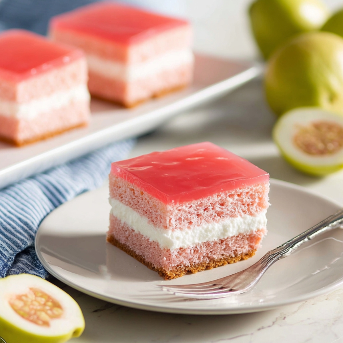 Close-up of a plated slice of Hawaiian Guava Cake with a pink gelatin top layer and a white cream cheese middle layer, served on a white plate with a silver fork, with more cake slices on a rectangular plate and fresh guavas in the background.