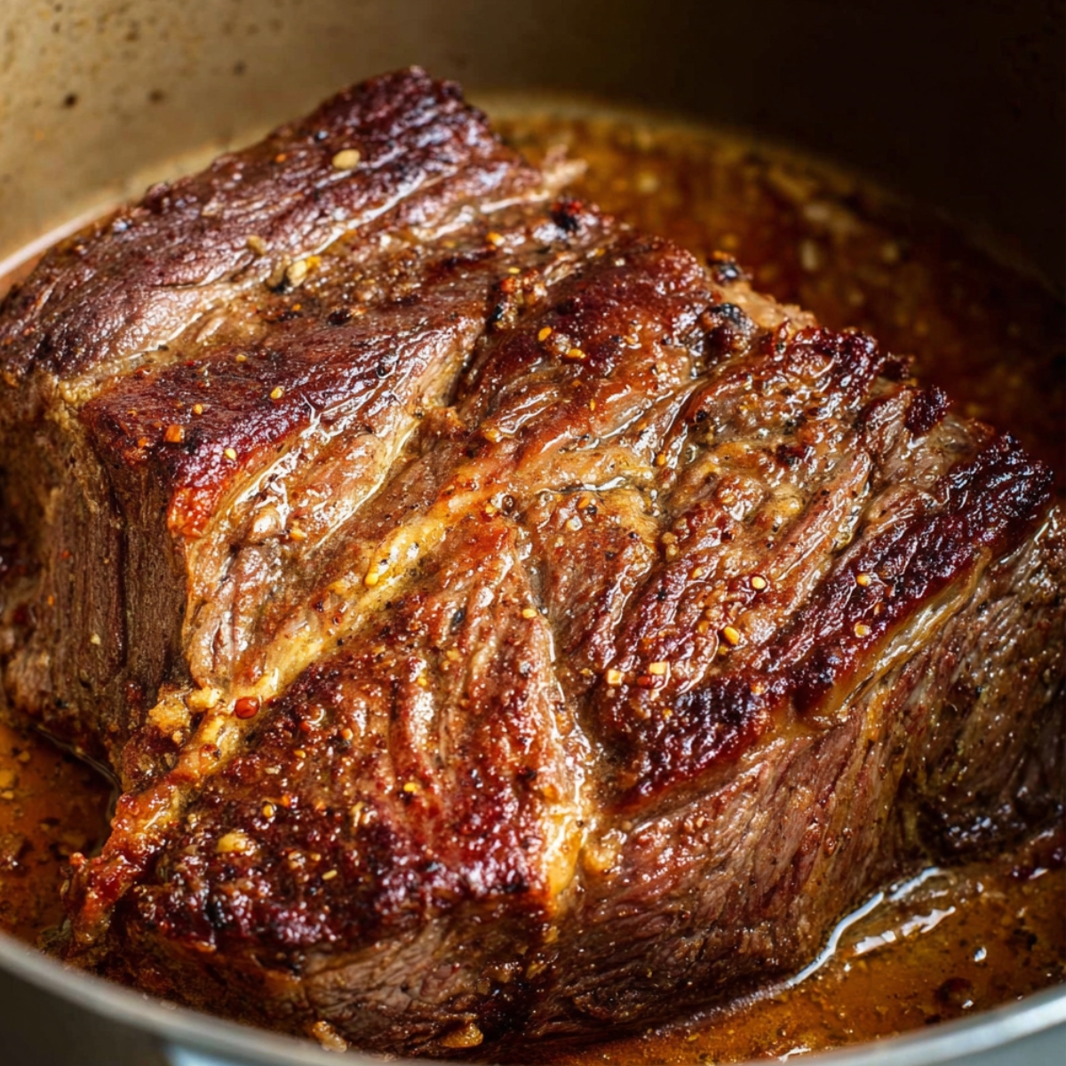 A bowl of creamy mashed potatoes topped with shredded Italian-style pot roast in rich tomato-based gravy with diced carrots and herbs. Garnished with fresh parsley, close-up view.