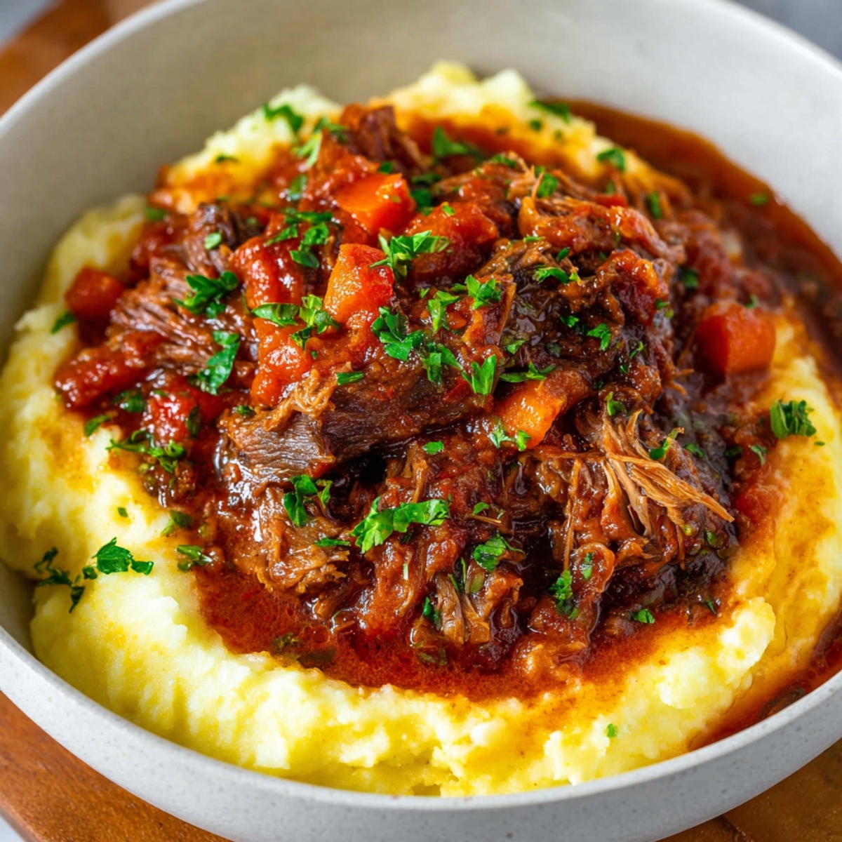 Another close-up of Italian Pot Roast on mashed potatoes, with tender meat in tomato-based sauce, diced carrots, and fresh parsley on top, served in a white bowl.