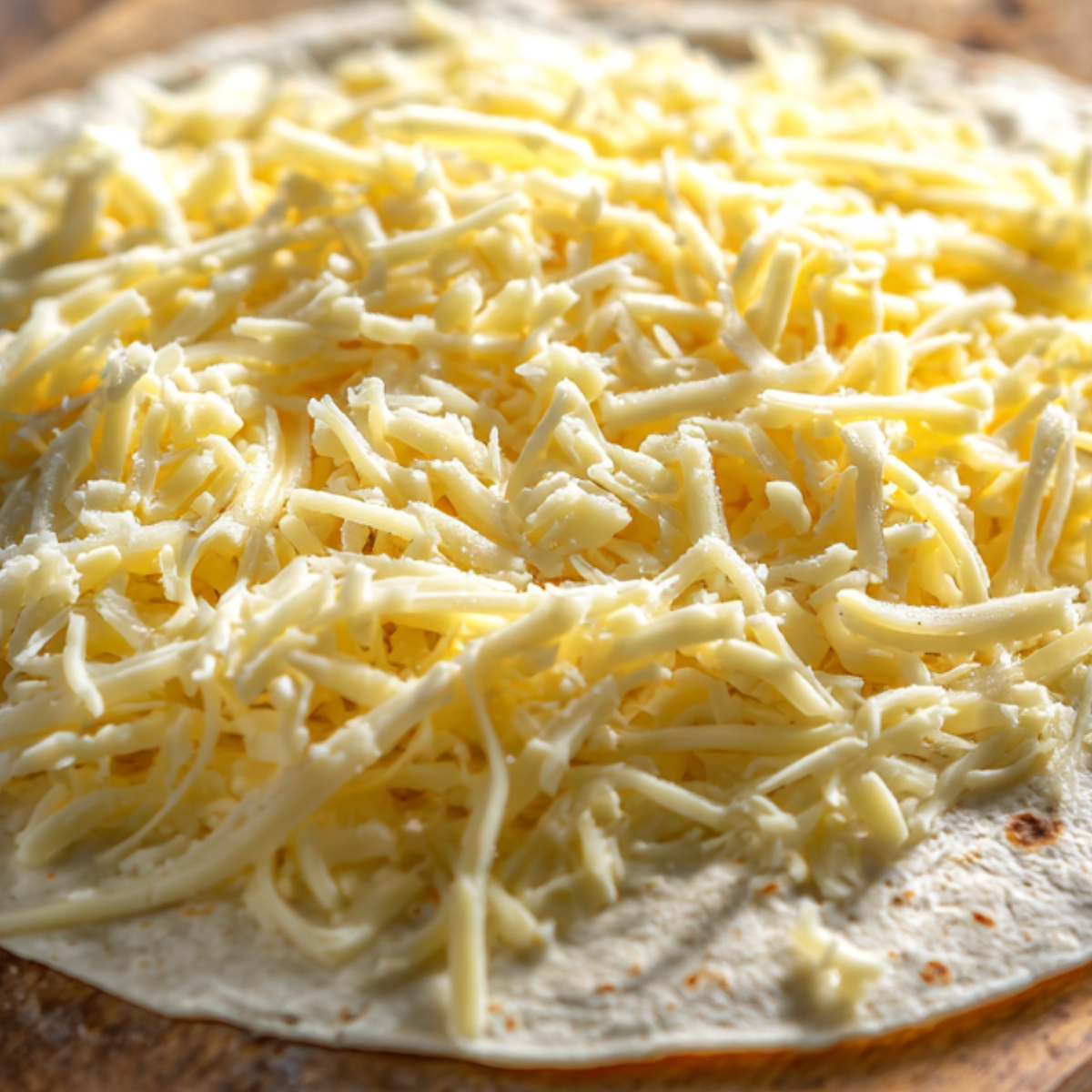 Close-up of a flour tortilla spread with a layer of shredded cheese, ready for adding filling, on a wooden surface with natural light.