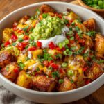 Loaded Mexican-style Loaded Taco Potato Bowl with roasted potato cubes, melted cheddar cheese, guacamole, sour cream, diced red peppers, chopped green onions, and fresh cilantro in a white bowl.