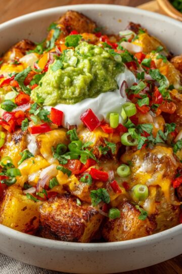 Loaded Mexican-style Loaded Taco Potato Bowl with roasted potato cubes, melted cheddar cheese, guacamole, sour cream, diced red peppers, chopped green onions, and fresh cilantro in a white bowl.