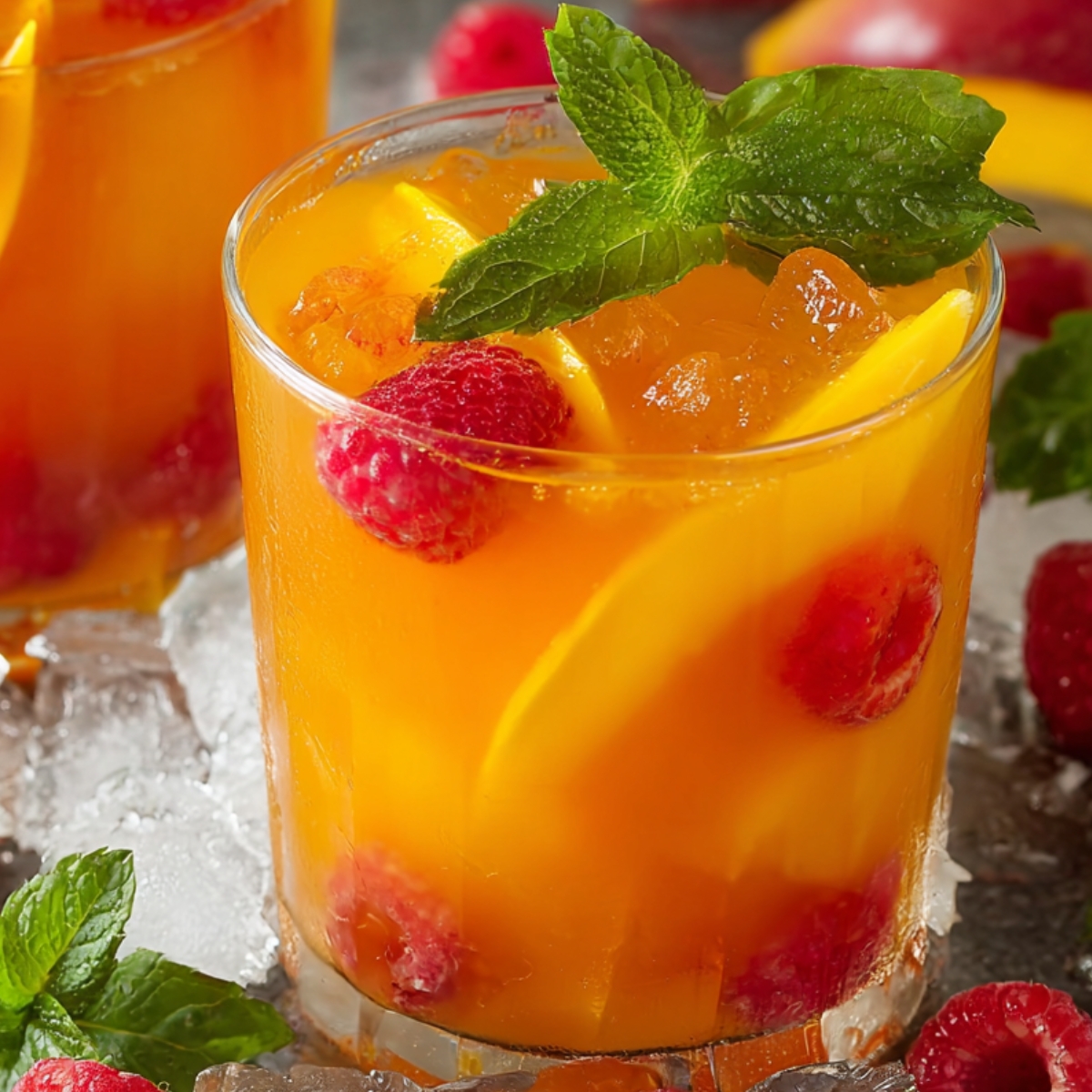A glass of mango iced tea with ice cubes, fresh raspberries, mango slices, and a sprig of mint on top, surrounded by additional ice and mint leaves.