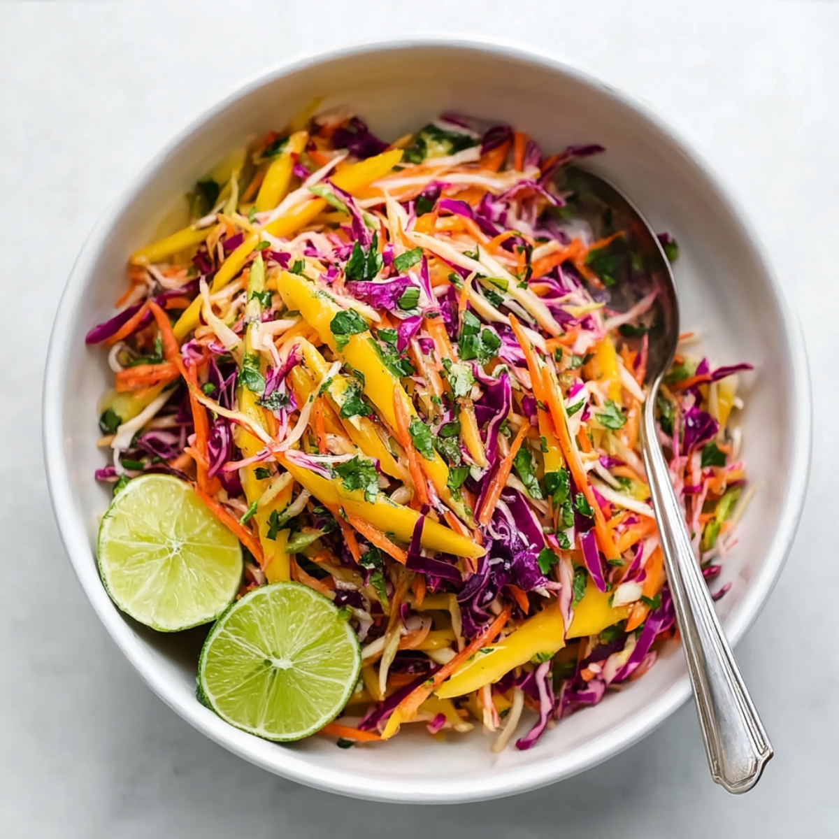 Overhead view of a white bowl with colorful mango slaw, including julienned mango, shredded purple cabbage, carrots, and chopped herbs, garnished with two lime halves and a silver serving spoon.