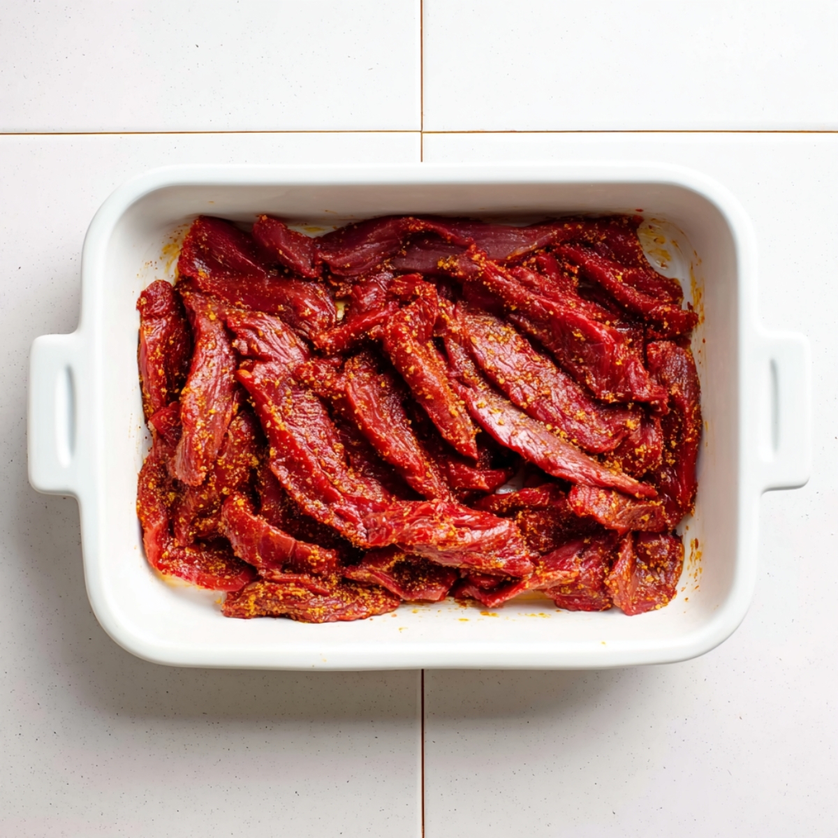 Overhead view of raw steak strips coated with a red marinade in a white rectangular baking dish, prepared for cooking.