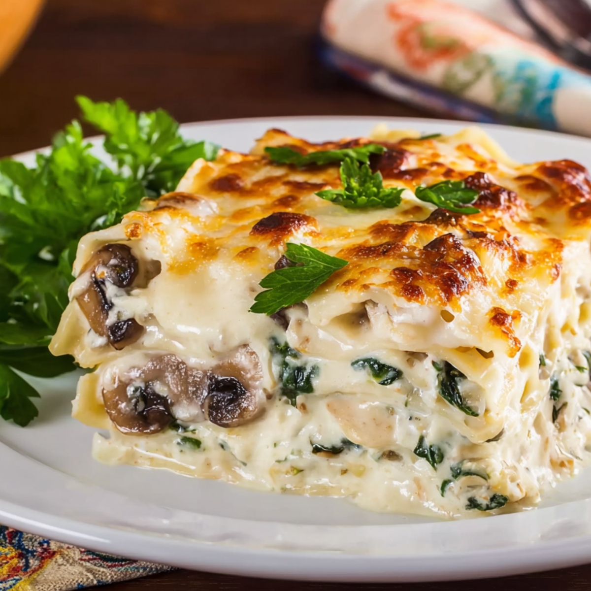 Baked creamy mushroom and spinach lasagna in a white ceramic baking dish, golden melted cheese on top with browned spots, sprinkled with chopped parsley, on a wooden table with an orange and white checkered kitchen towel beside it.