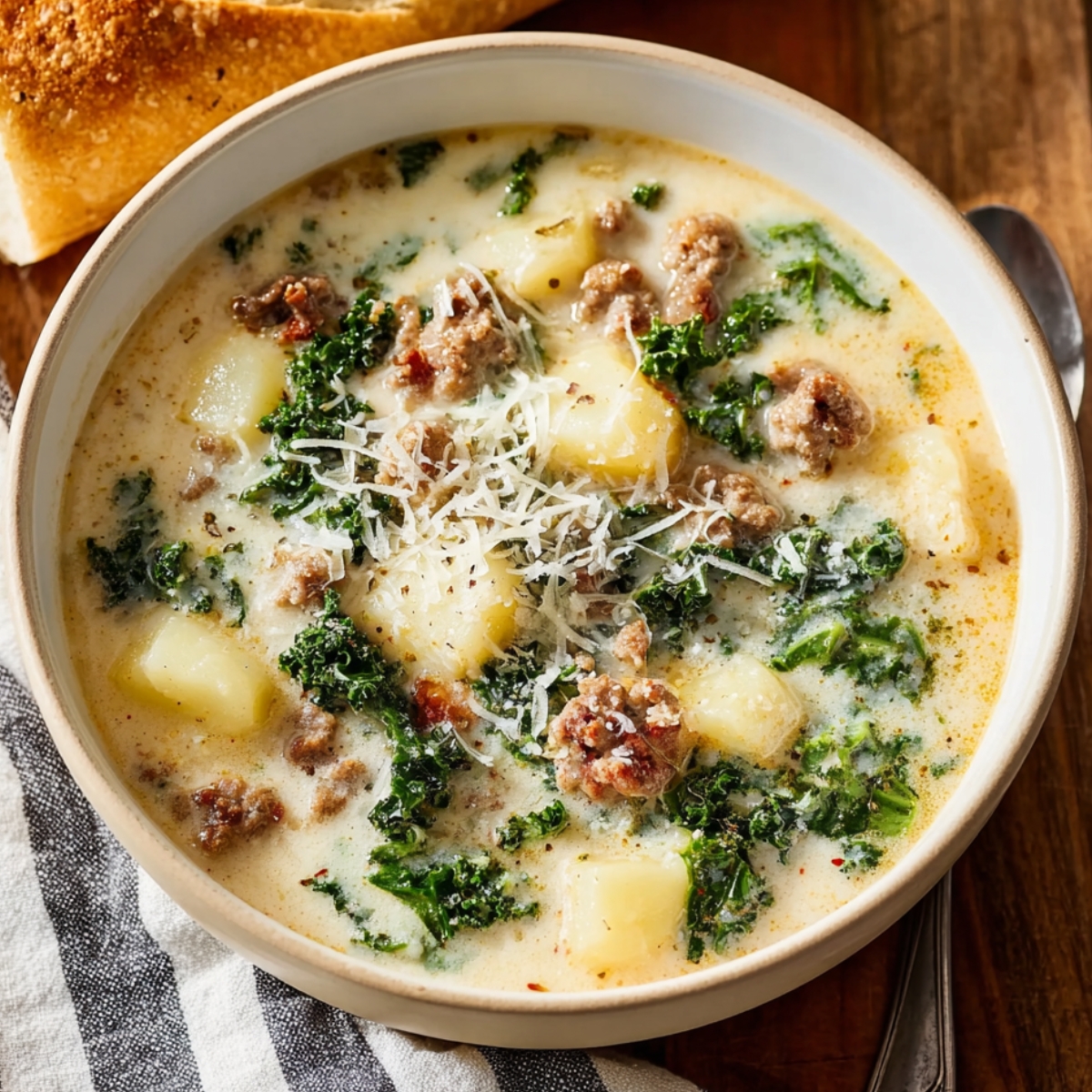 Bowl of Olive Garden Zuppa Toscana Soup, kale, and potatoes topped with grated cheese, served with bread on the side.