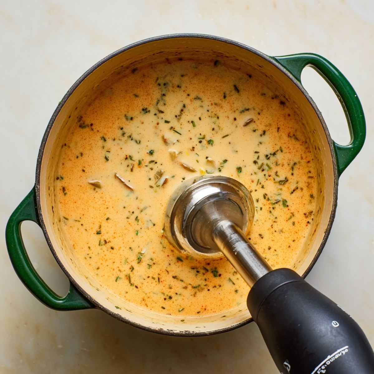 Top-down view of a green Dutch oven with creamy Cajun potato soup, being blended with an immersion blender, with visible herbs and small potato pieces.