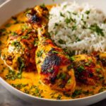 Grilled Paprika Chicken Drumsticks coated in creamy orange paprika sauce, served with fluffy white rice in a white bowl, garnished with fresh chopped cilantro, close-up, appetizing presentation.