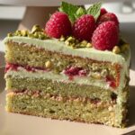A close-up slice of Pistachio Raspberry Cake with green frosting, layers of raspberry jam, and chopped pistachios. The top is garnished with fresh raspberries and mint leaves.