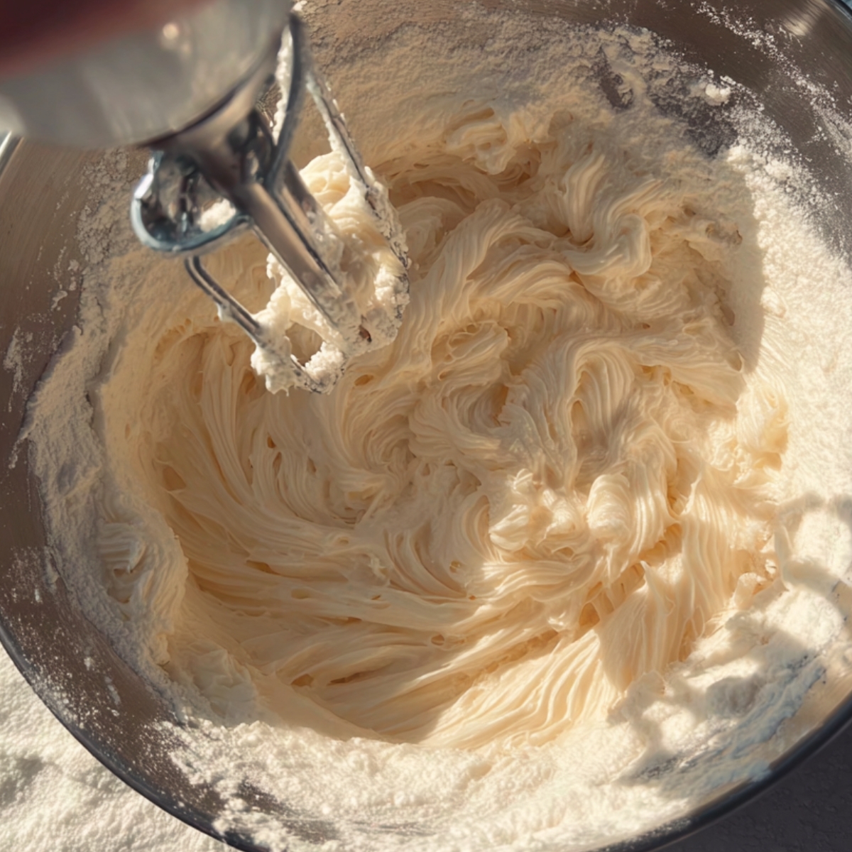A metal mixing bowl with creamy, whipped batter being mixed with a hand mixer. Some dry ingredients remain around the edges of the bowl.