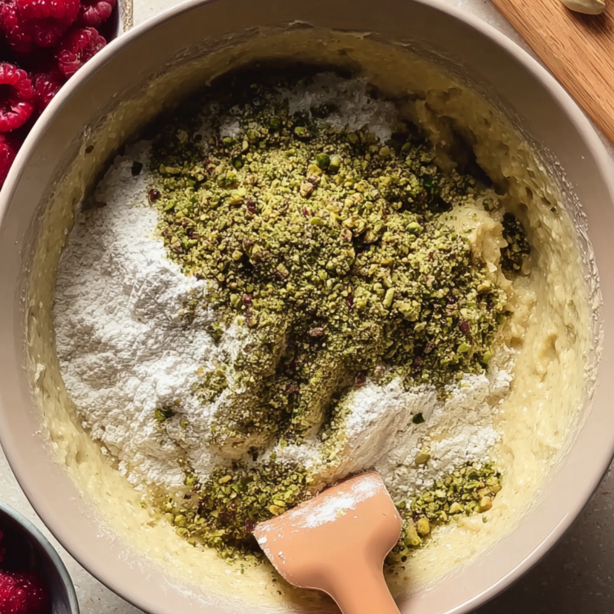 A mixing bowl containing cake batter with flour and crushed pistachios on top, with a spatula resting inside the bowl. Fresh raspberries are partially visible in bowls around the mixing bowl.