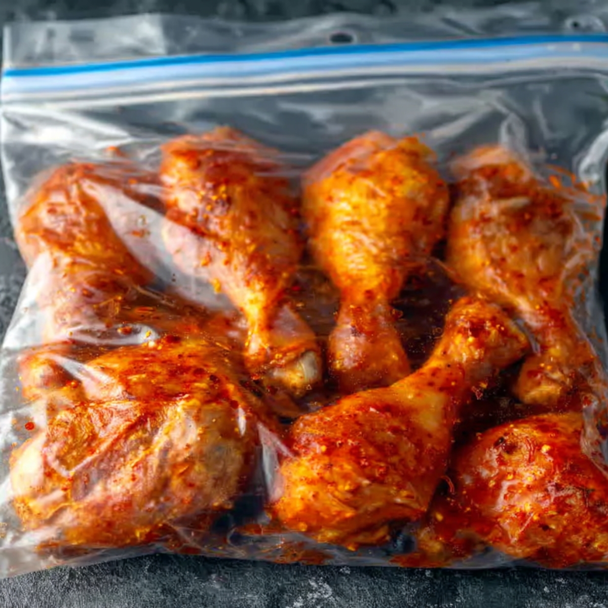 Raw chicken drumsticks coated in red marinade inside a clear resealable plastic bag, neatly arranged for make-ahead freezing, glossy from the sauce.