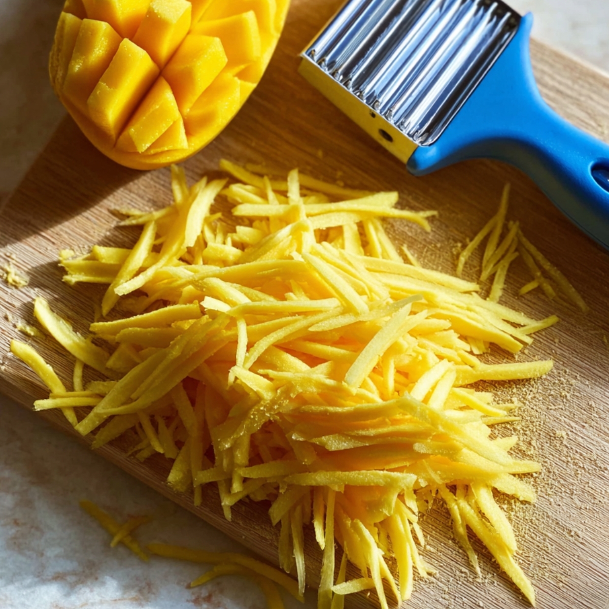Close-up of a wooden cutting board with a partially diced mango, showing julienned mango strips next to a blue-handled crinkle cutter, bright natural lighting highlighting the yellow color of the fruit.