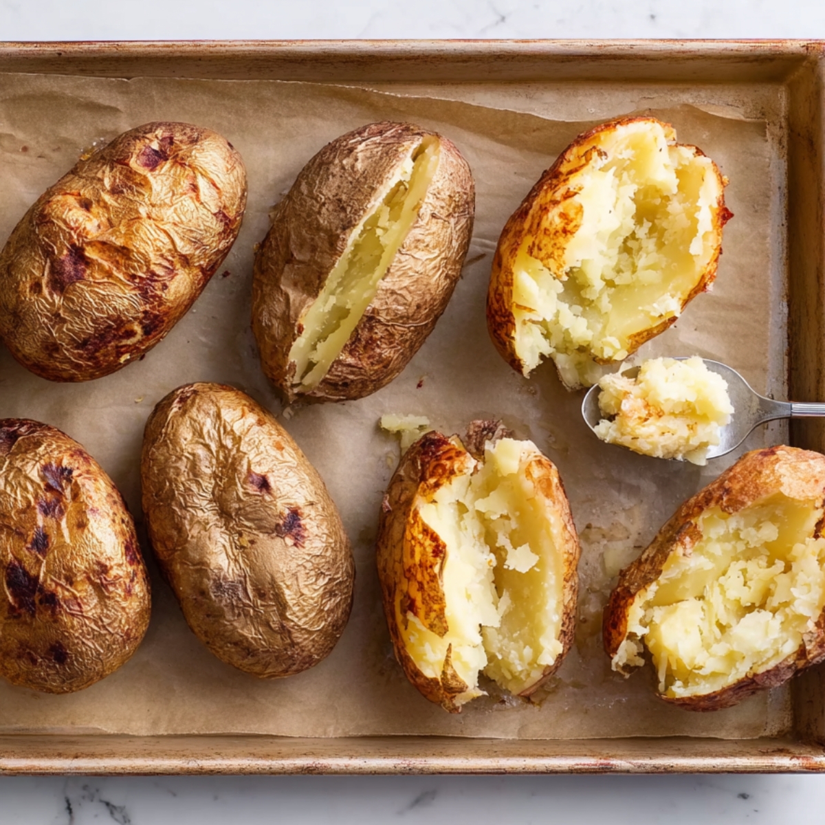 Top-down view of a baking sheet with baked Russet potatoes, some halved and partially scooped out with a spoon, showing the fluffy potato interior, on a parchment-lined tray.